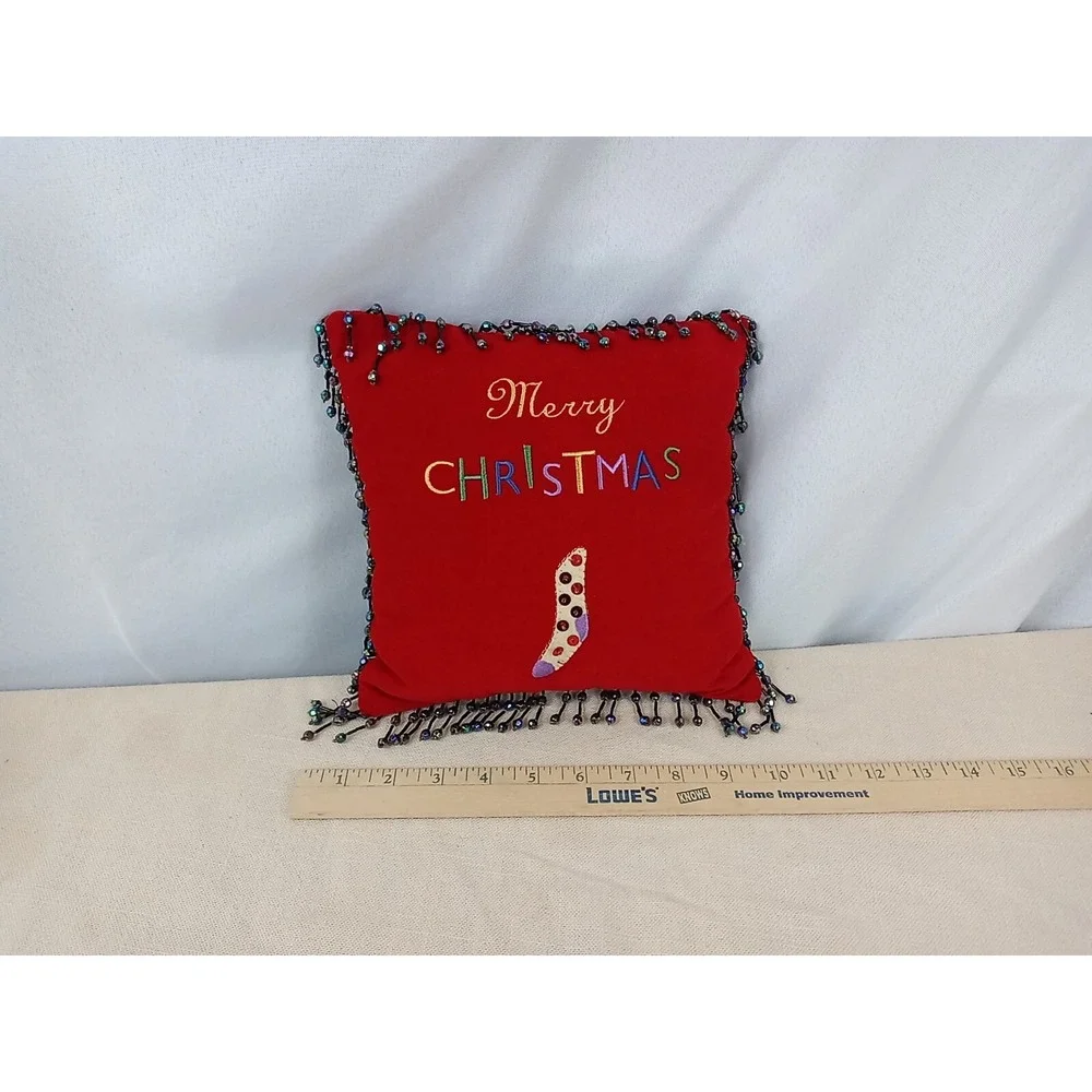 VTG Red Beaded Velvet Pillow Merry‎ Christmas Small Sequin Stocking Throw Pillow